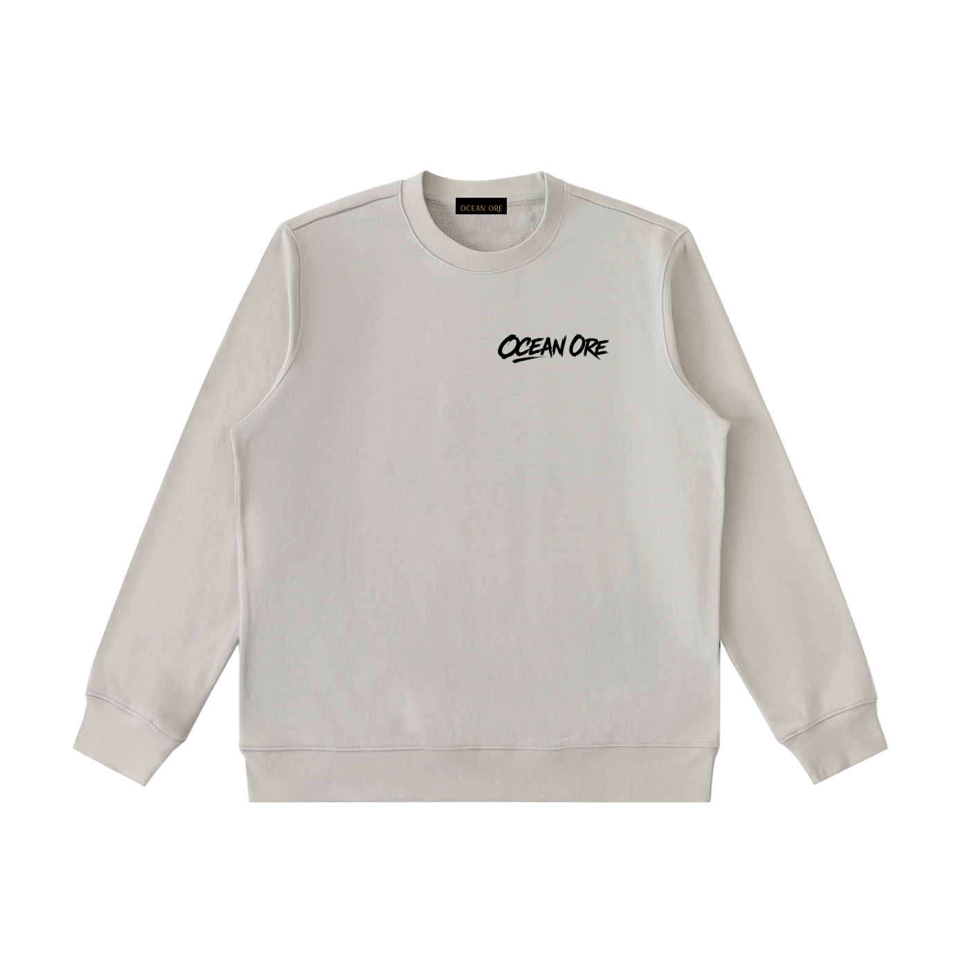 Beige crewneck sweatshirt with front “OCEAN ORE” logo print
