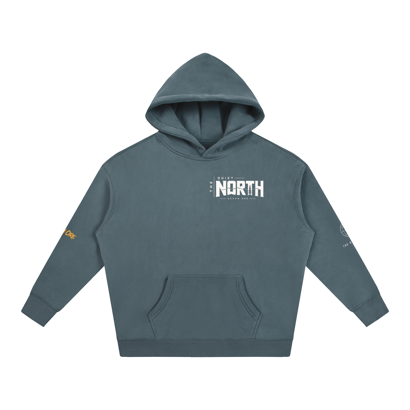 Oversized fleece hoodie in gray blue with front hood, kangaroo pocket, and NORTH logo print