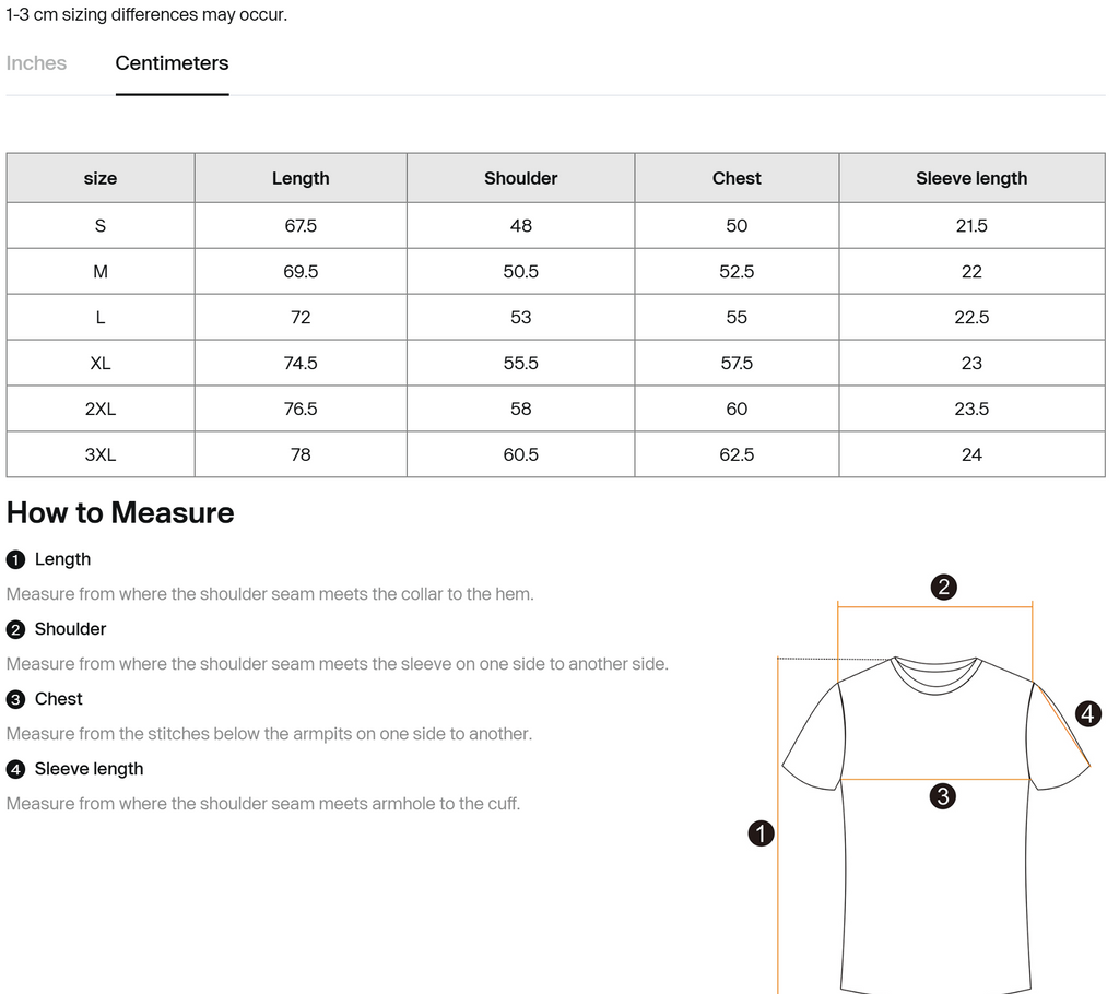 T-shirt size chart with measurements for S to 3XL and how to measure diagram
