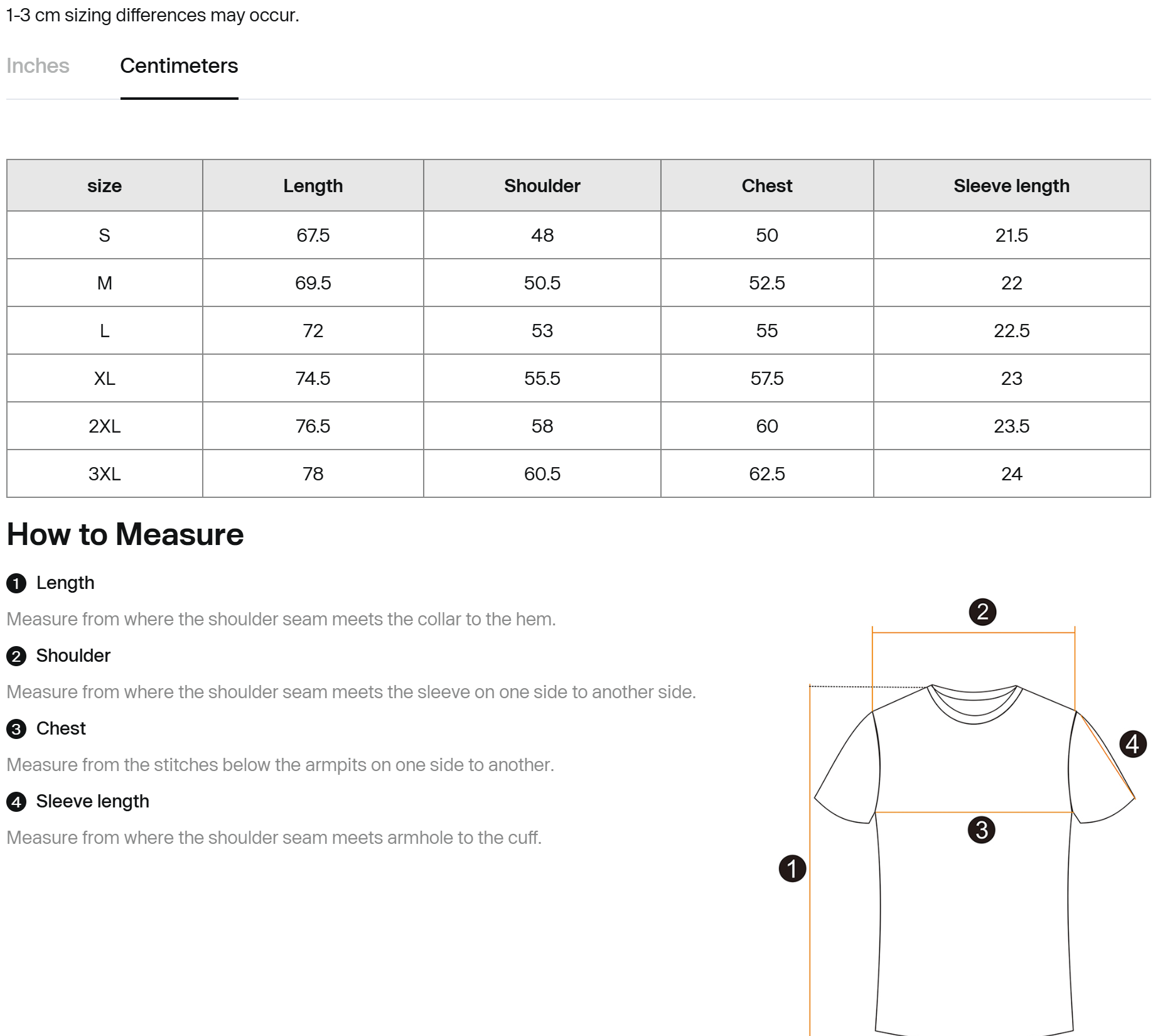 T-shirt size chart with measurements for S to 3XL and how to measure diagram