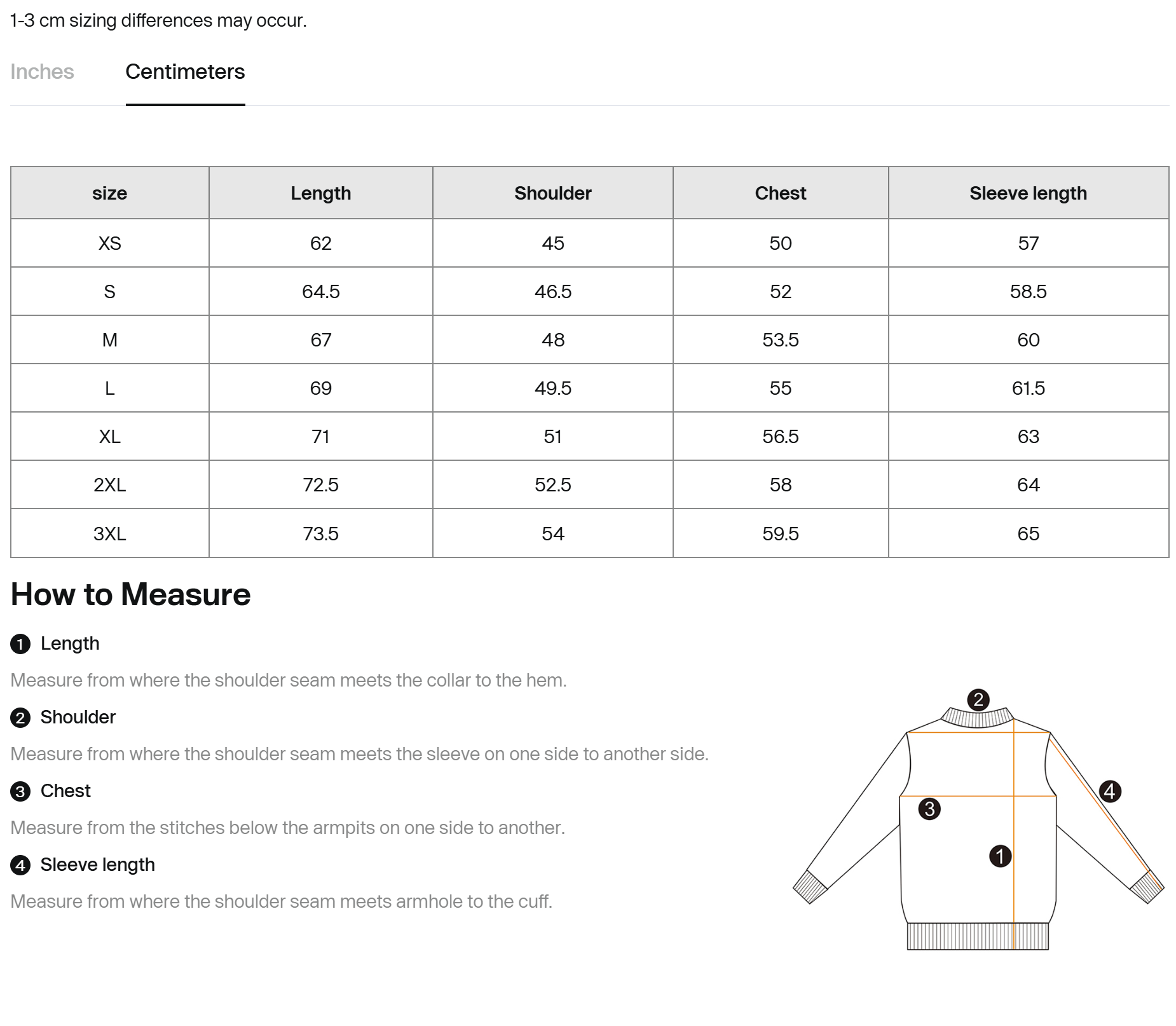 Cotton sweatshirt sizing chart with measurement guide and labeled diagram points