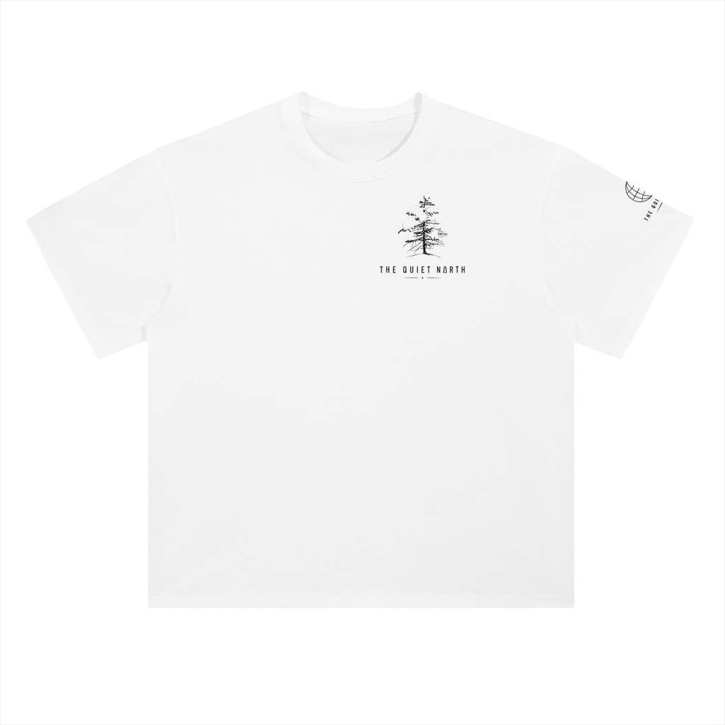 Heavyweight cotton drop-shoulder T-shirt in lucent white with front logo graphic.