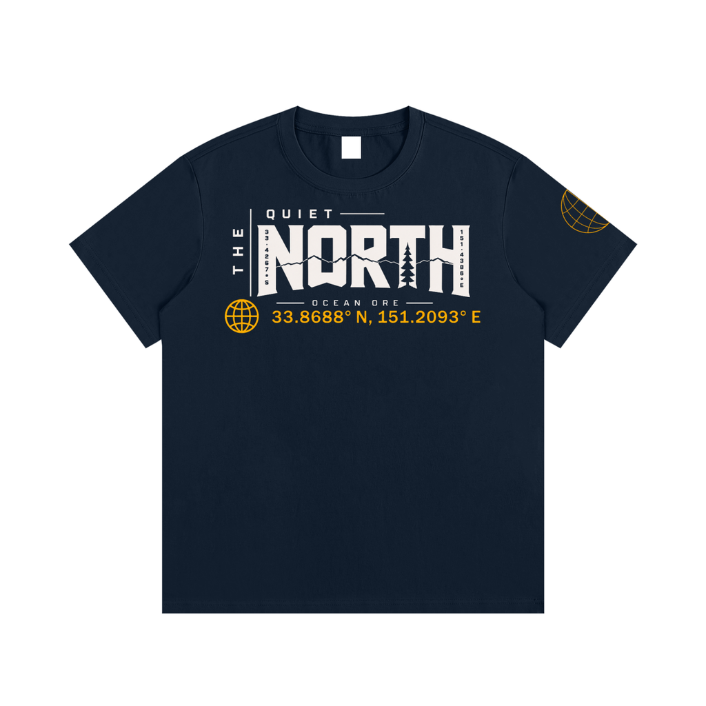 Royal blue cotton everyday tee with front Quiet the North graphic print