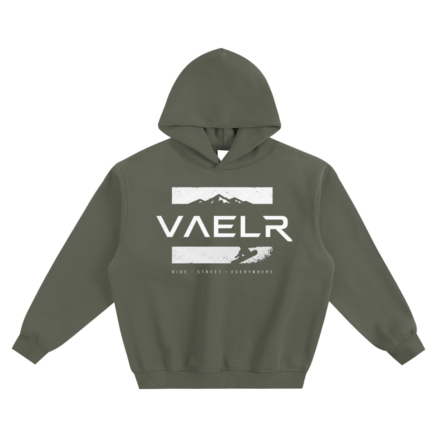 Olive green boxy hoodie with hood and front graphic logo print
