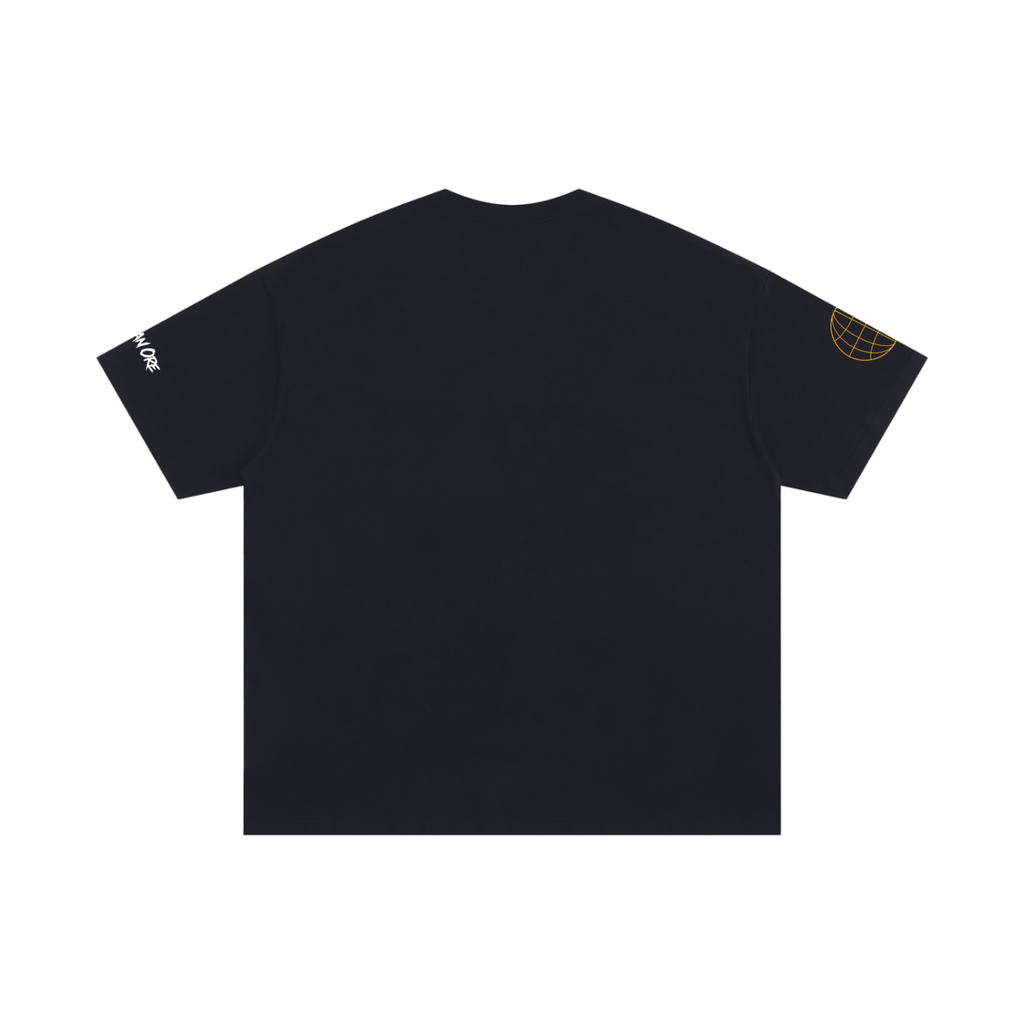 Black oversized cotton T-shirt with back graphic and small sleeve globe patches