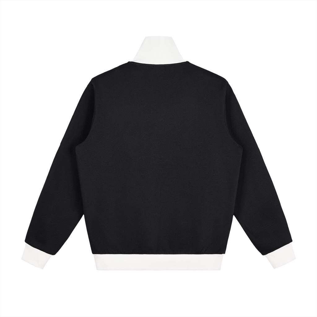 Black fleece track jacket, back view, full-zip, ribbed white hem and cuffs.