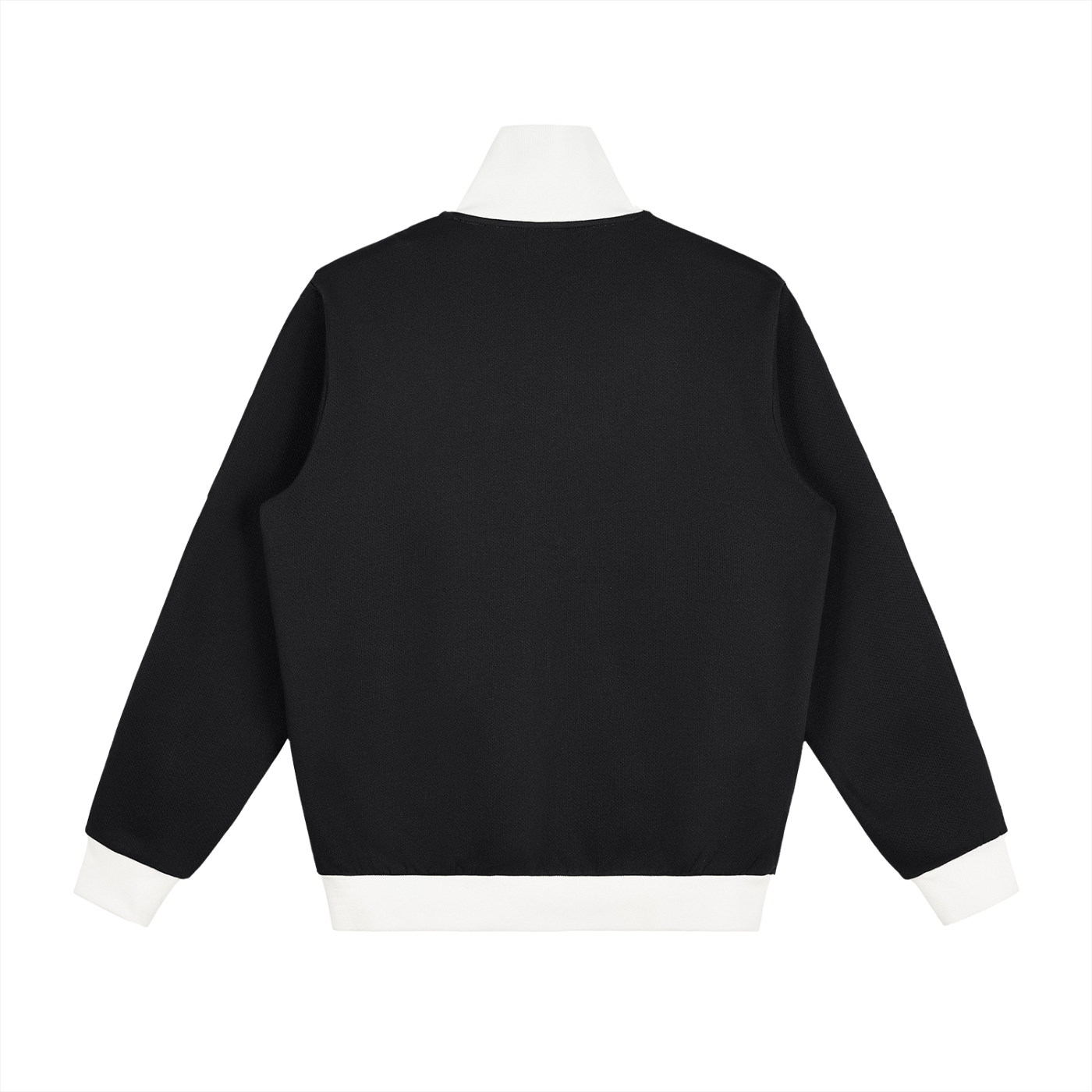 Black fleece track jacket, back view, full-zip, ribbed white hem and cuffs.