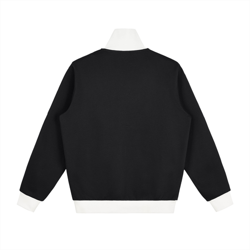 Black fleece track jacket, back view, full-zip, ribbed white hem and cuffs.