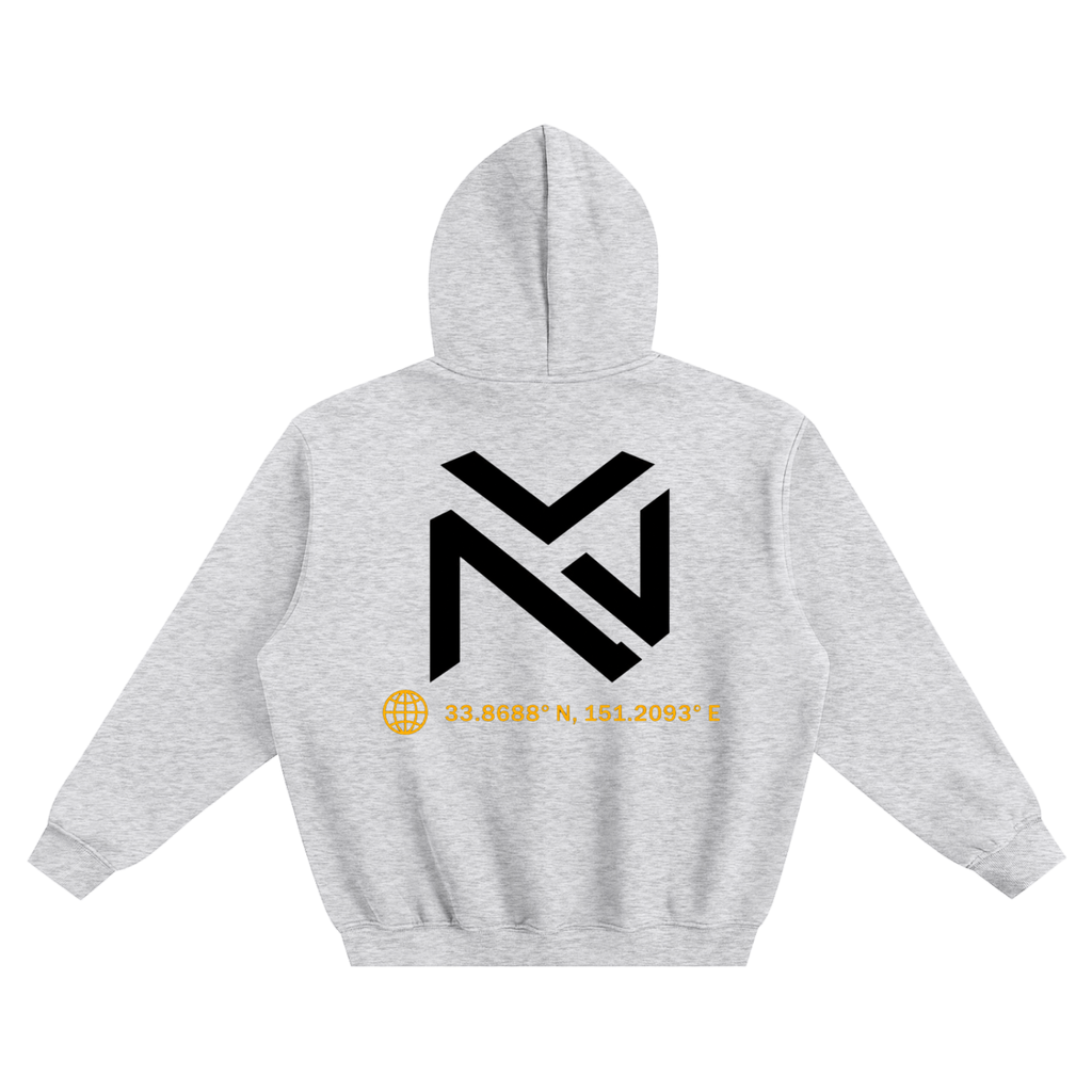 Light gray boxy fleece hoodie, hooded back with large black graphic and coordinates