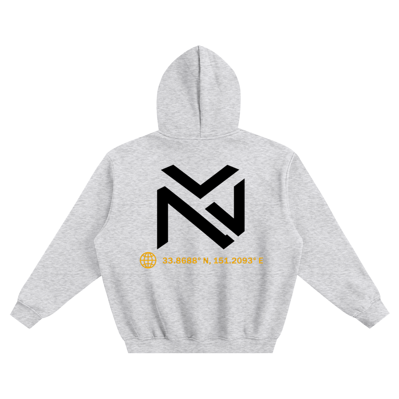 Light gray boxy fleece hoodie, hooded back with large black graphic and coordinates
