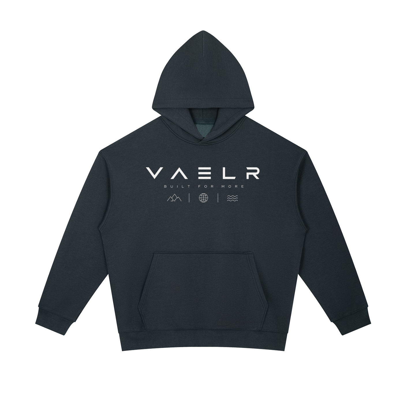 Navy blue heavyweight hoodie with front pocket and chest logo graphic