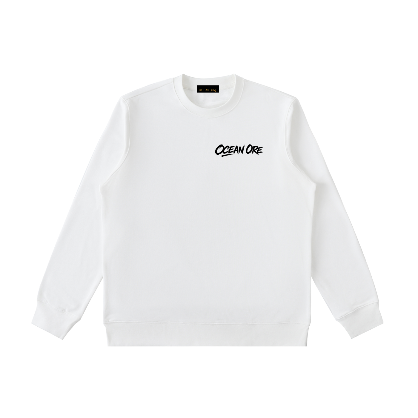 White crewneck sweatshirt with front “OCEAN ORE” logo print