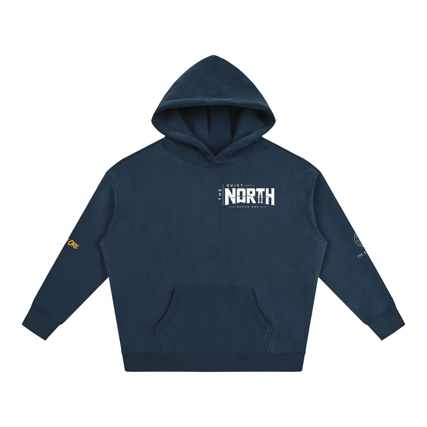 Oversized fleece hoodie in navy blue with front hood, kangaroo pocket, and NORTH logo print