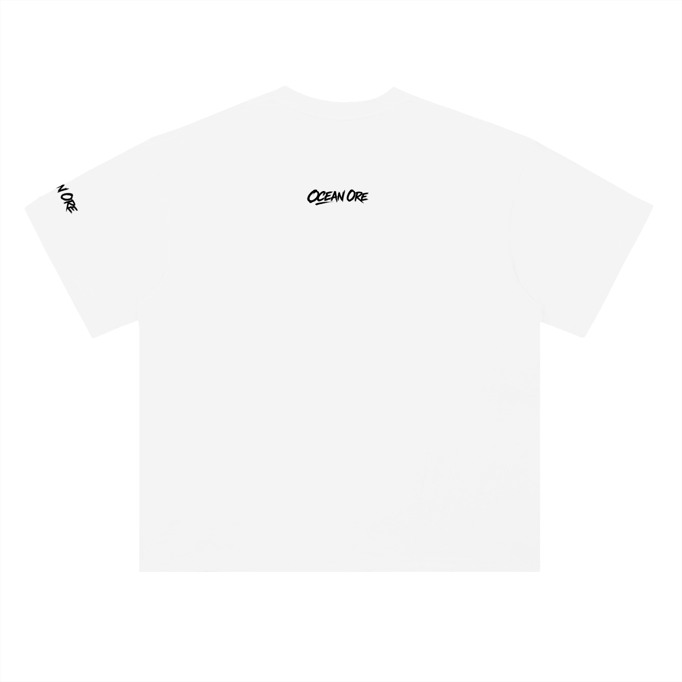 White cotton drop-shoulder T-shirt, back print says OCEANMORE; left sleeve logo.