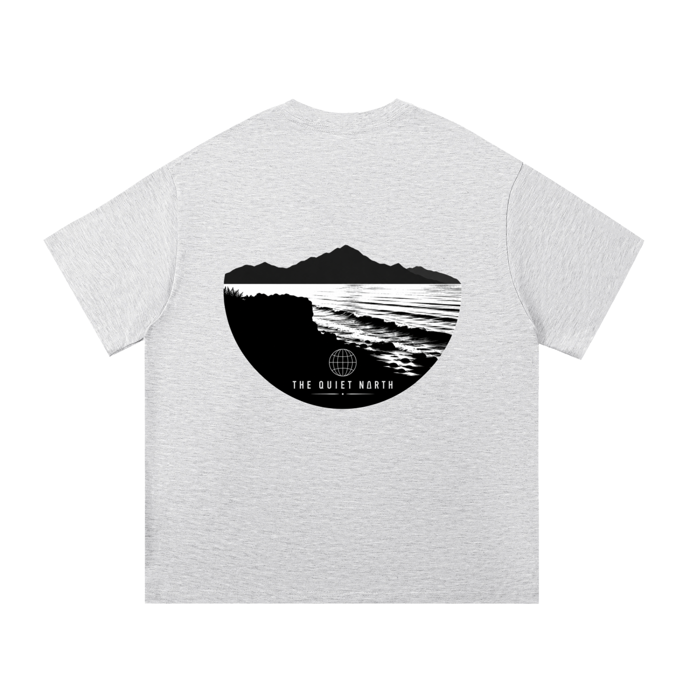 Essential cotton T-shirt, heather gray, crew neck, large half-circle beach graphic.