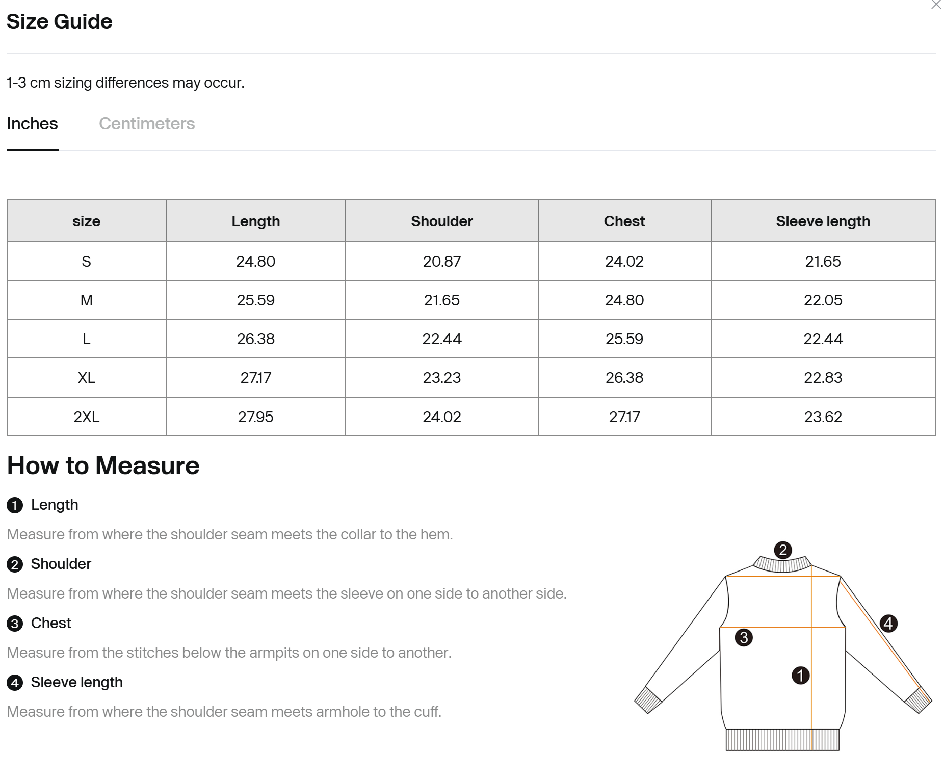 Hoodie size guide chart listing length, shoulder, chest, and sleeve length for S–2XL