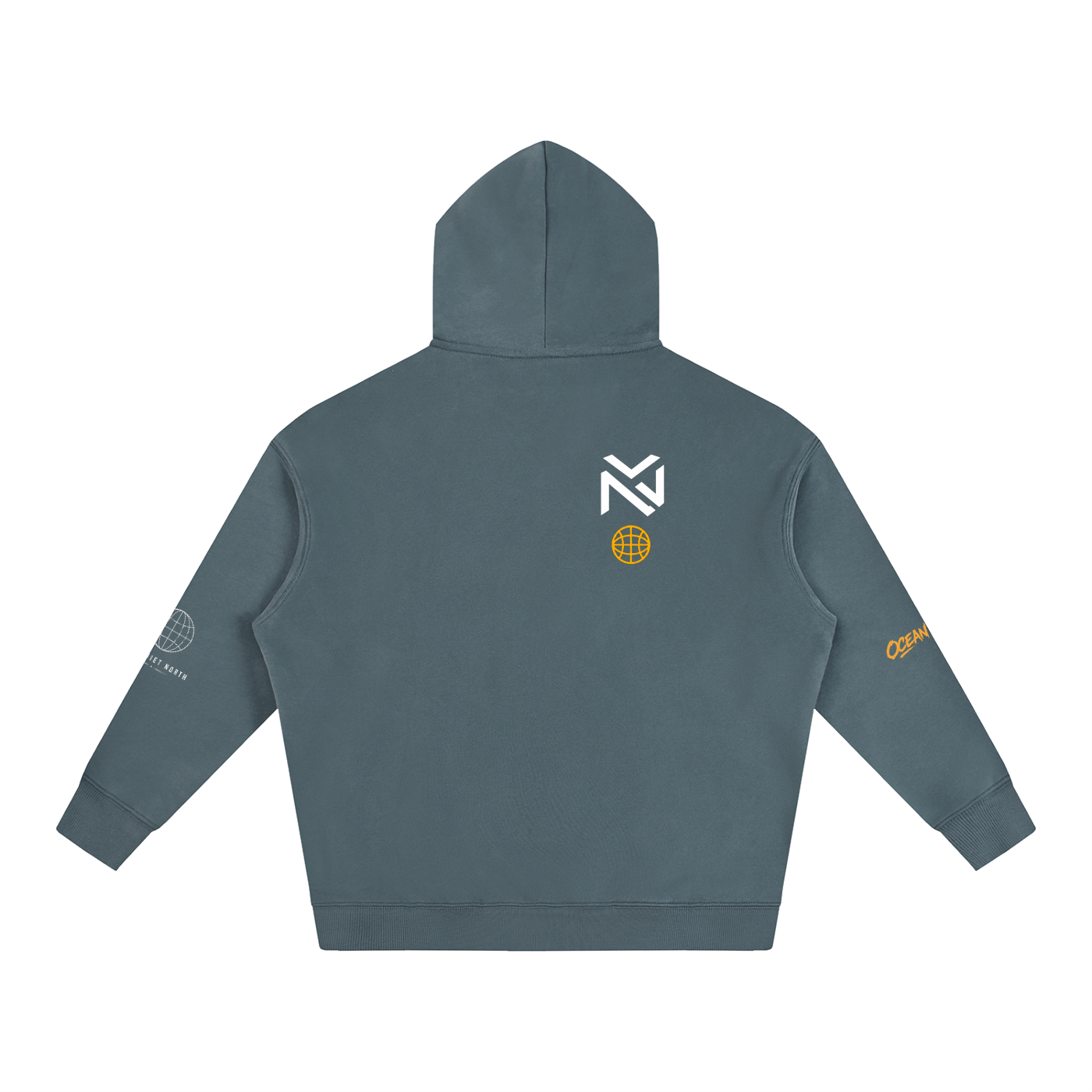 Oversized fleece hoodie in gray blue with back hood and emblem logo, plus sleeve graphic patches
