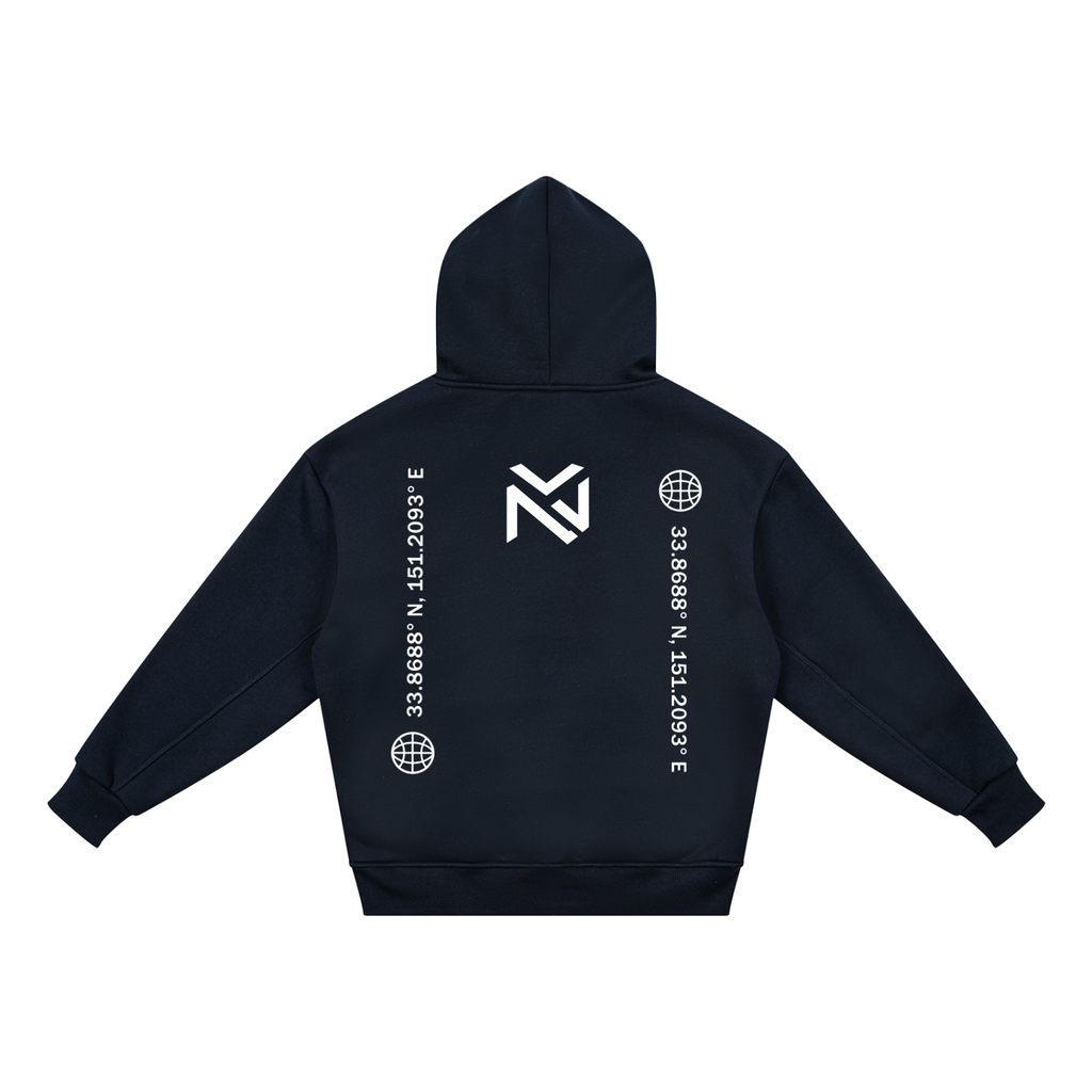 Kids fleece hoodie in dark navy, back view with NV emblem and globe print