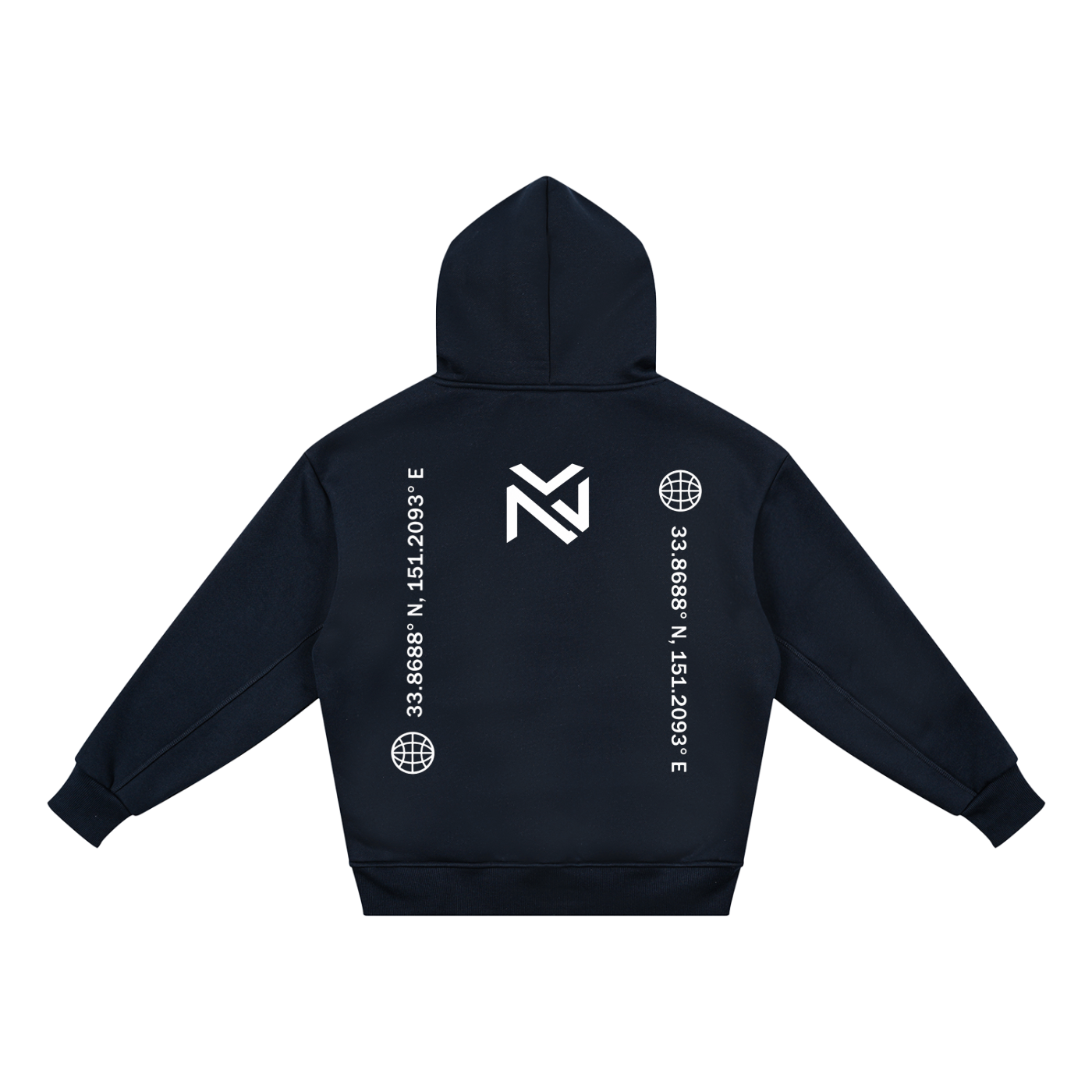 Kids fleece hoodie in dark navy, back view with NV emblem and globe print