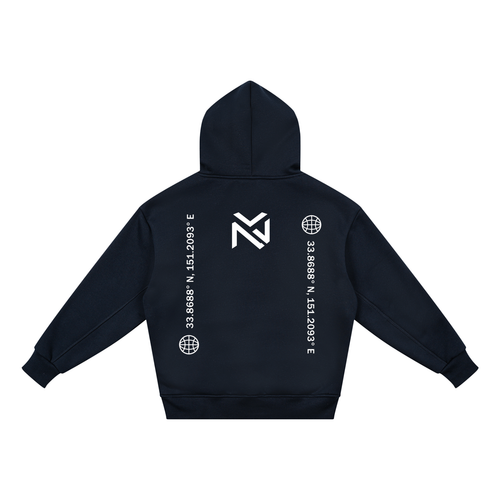Kids fleece hoodie in dark navy, back view with NV emblem and globe print