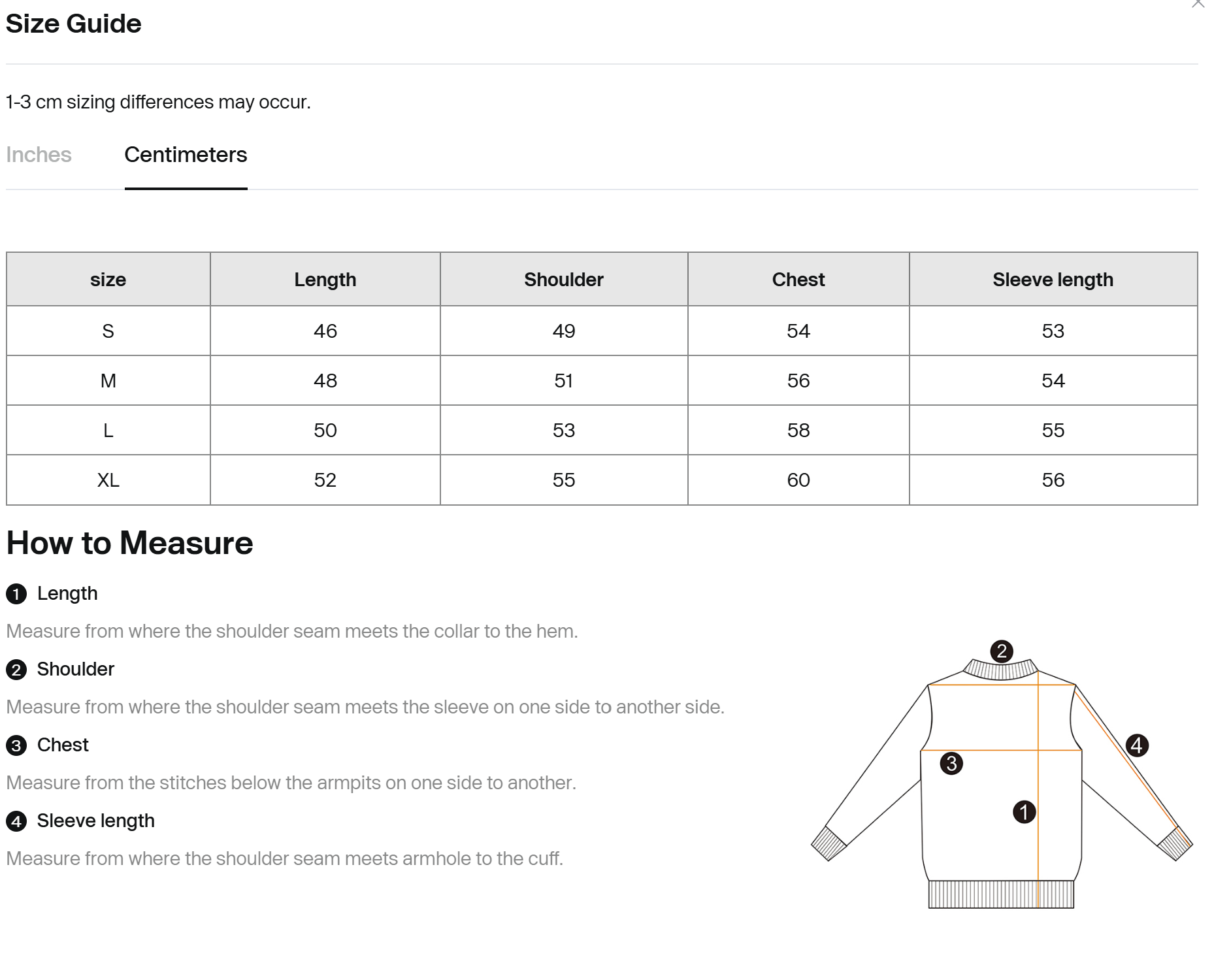 Size guide chart with measurement table in centimeters and inches for sizes S–XL