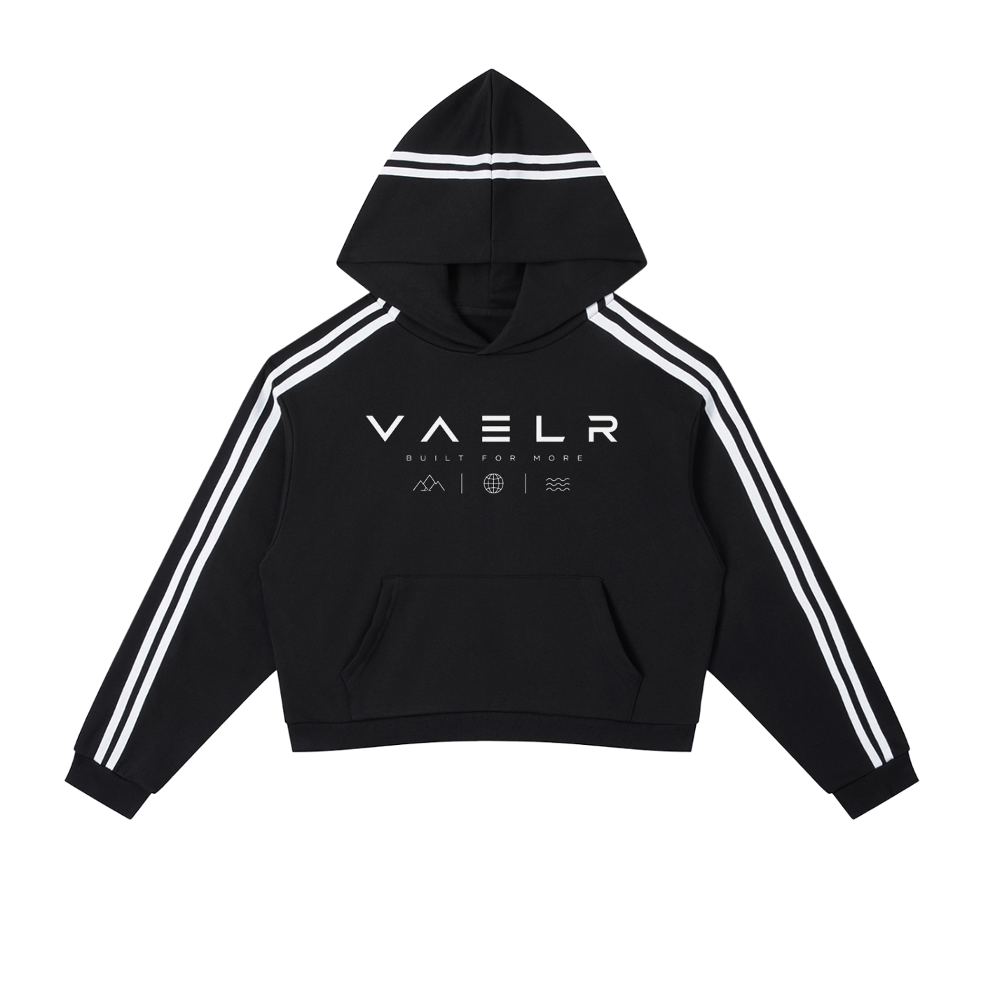 Black cropped pullover hoodie with white triple side stripes and kangaroo pocket