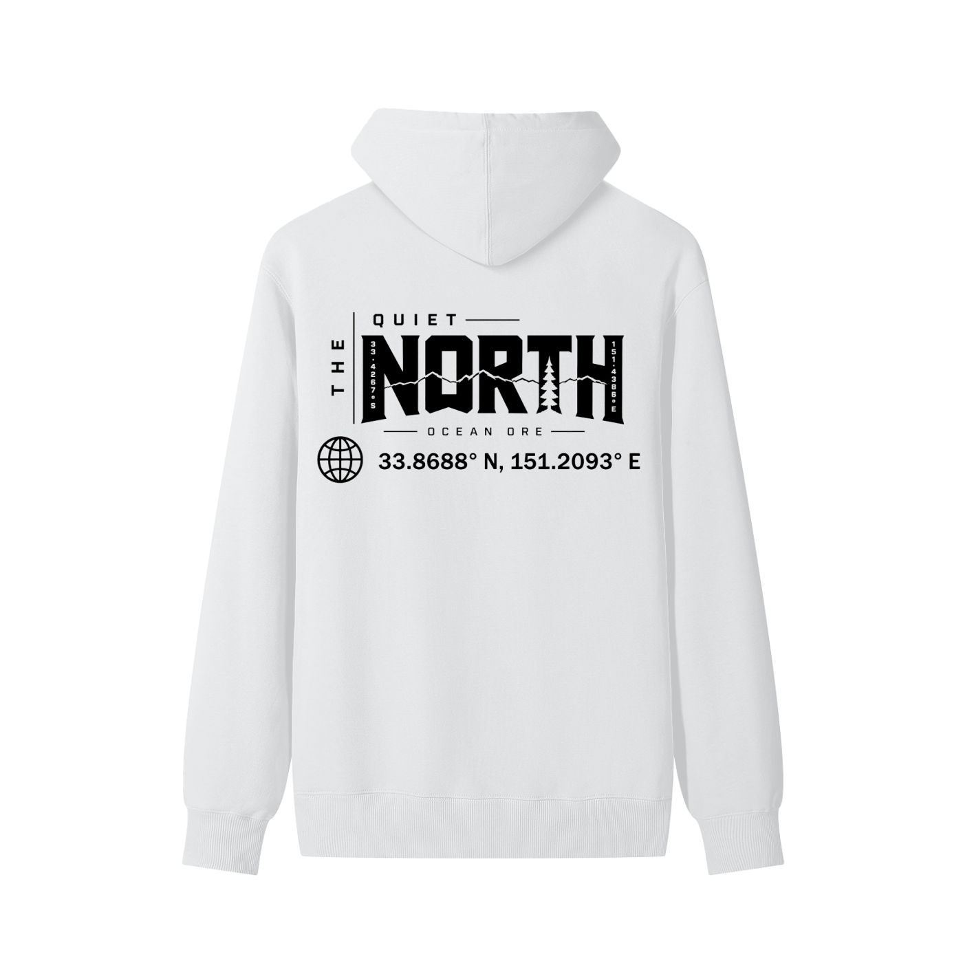 White unisex cotton hoodie with back graphic logo and printed address text.