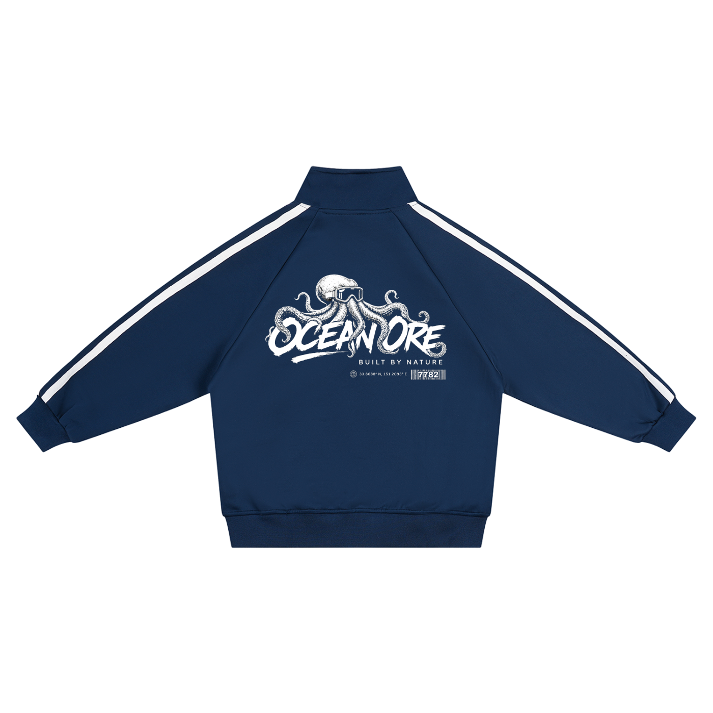 Kids coach jacket, royal blue with white trim, back ocean logo, front zip