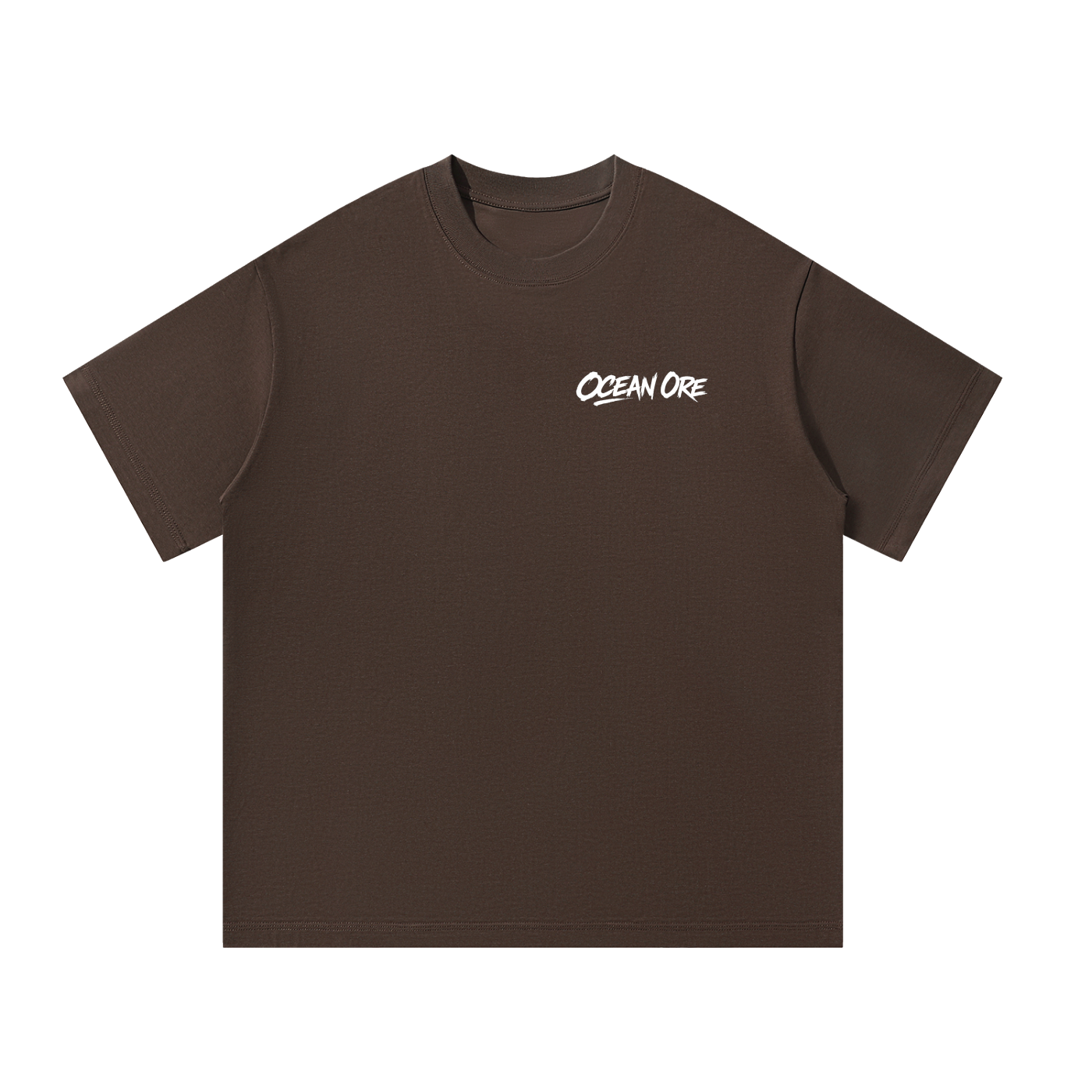 Unisex oversized T-shirt, coffee-brown with small "OCEAN ORE" chest logo