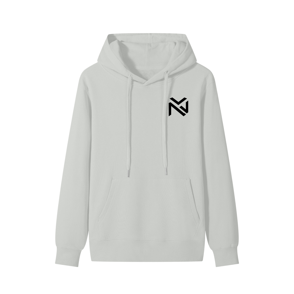 White unisex cotton hoodie with drawstring hood, front kangaroo pocket, small black emblem.