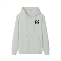 White unisex cotton hoodie with drawstring hood, front kangaroo pocket, small black emblem.