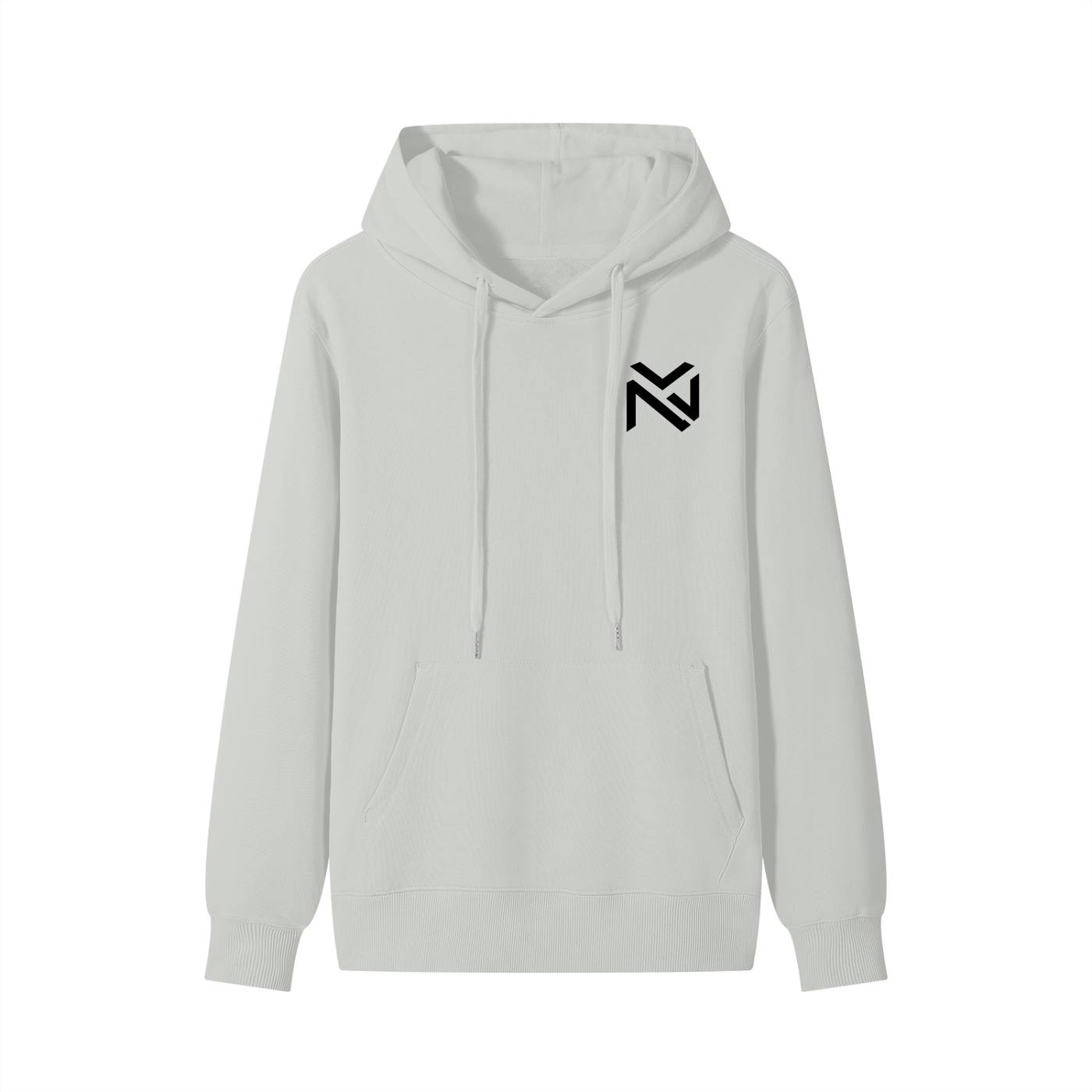 White unisex cotton hoodie with drawstring hood, front kangaroo pocket, small black emblem.