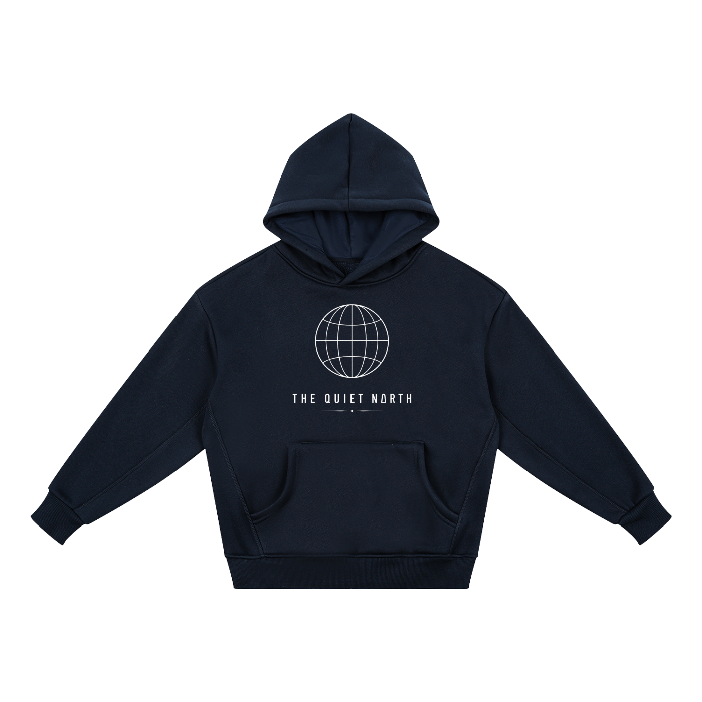 Kids fleece hoodie in dark navy, front hood and kangaroo pocket, globe logo graphic