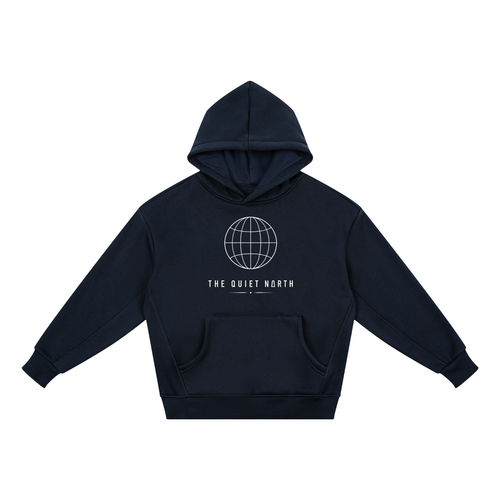 Kids fleece hoodie in dark navy, front hood and kangaroo pocket, globe logo graphic