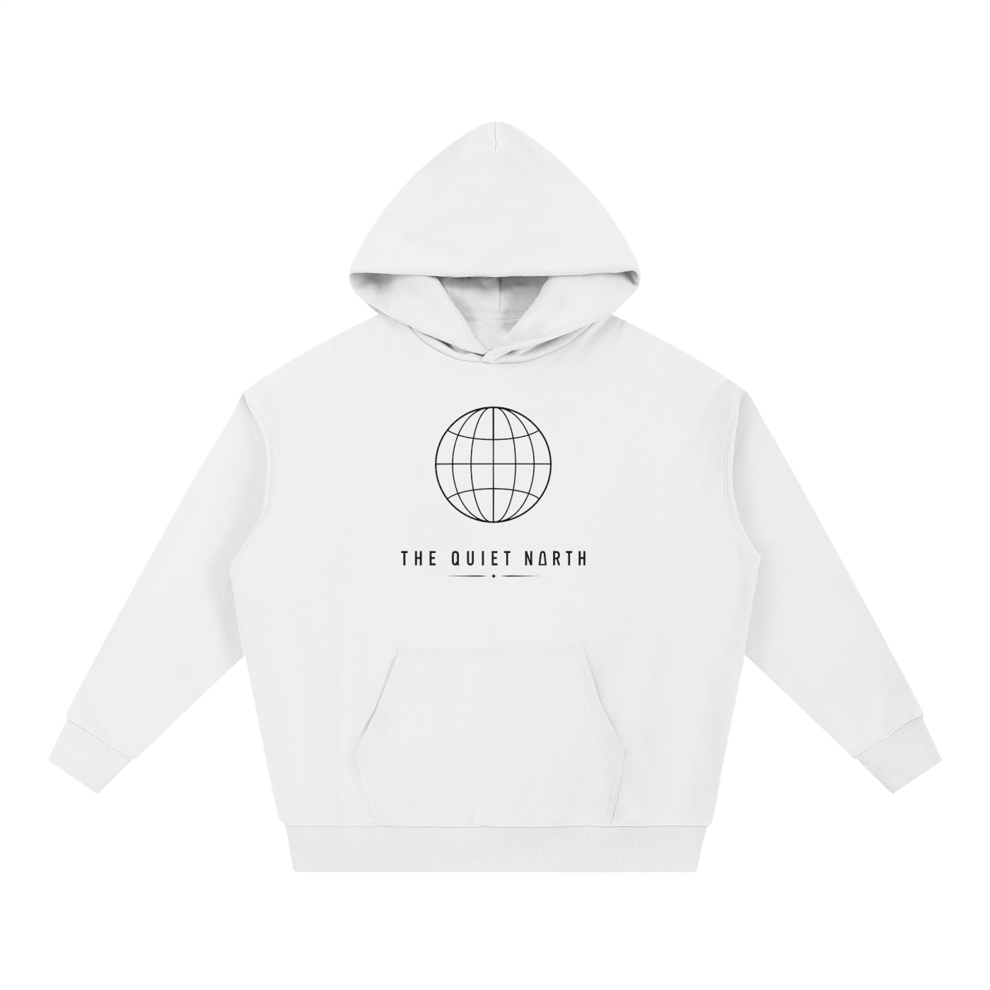 White heavyweight hoodie, front globe emblem and “THE QUIET NORTH” text