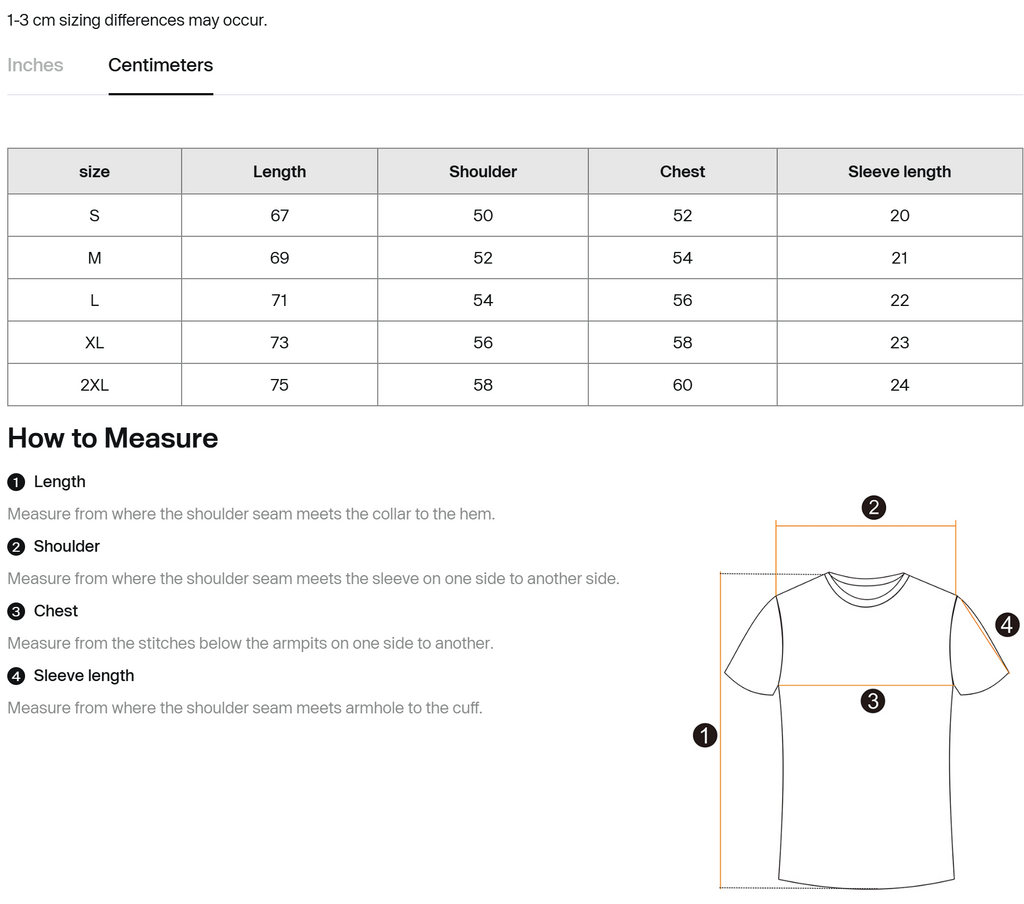 Cotton T-shirt size chart with length, shoulder, chest and sleeve-length measurements