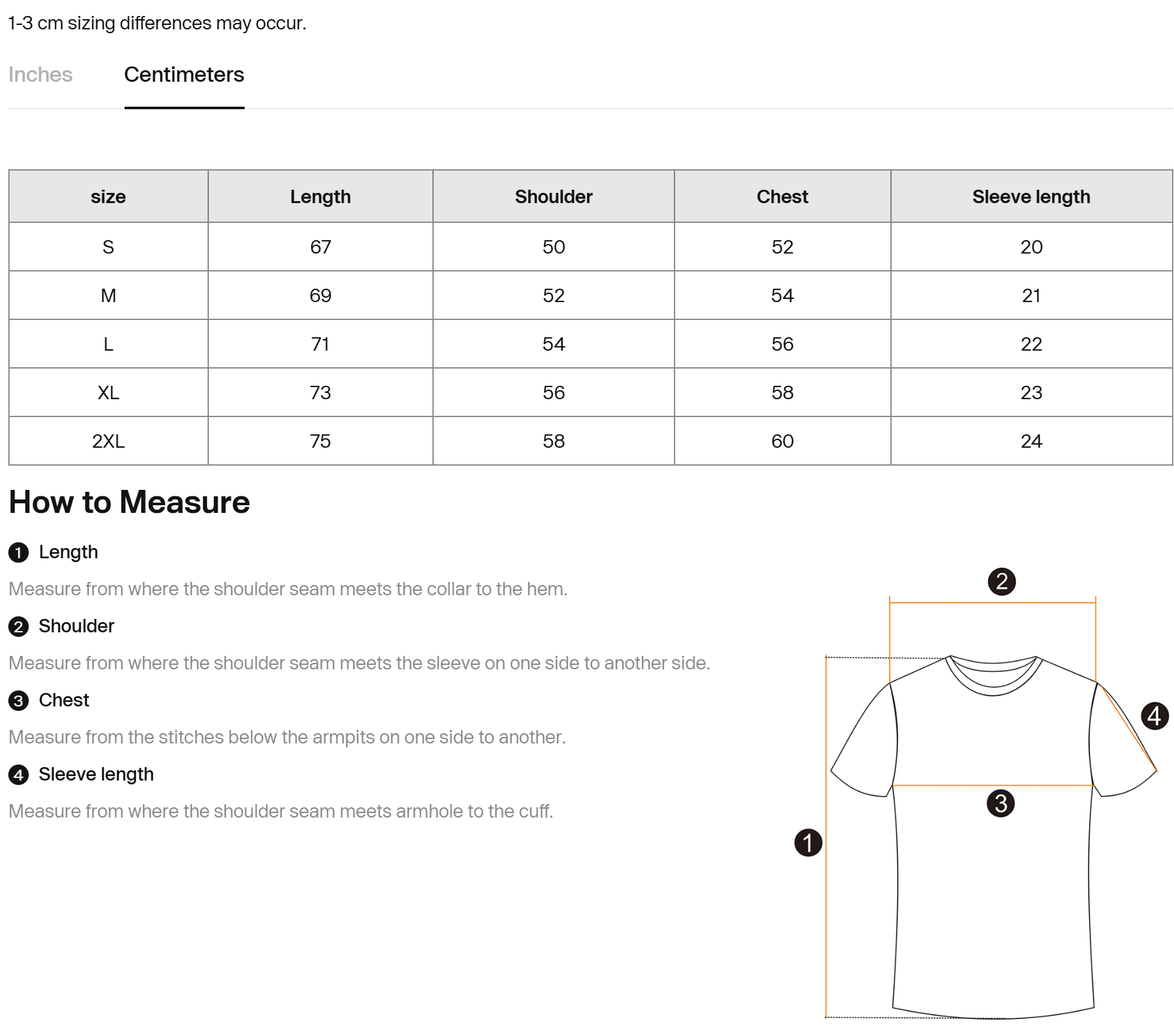 Cotton T-shirt size chart with length, shoulder, chest and sleeve-length measurements