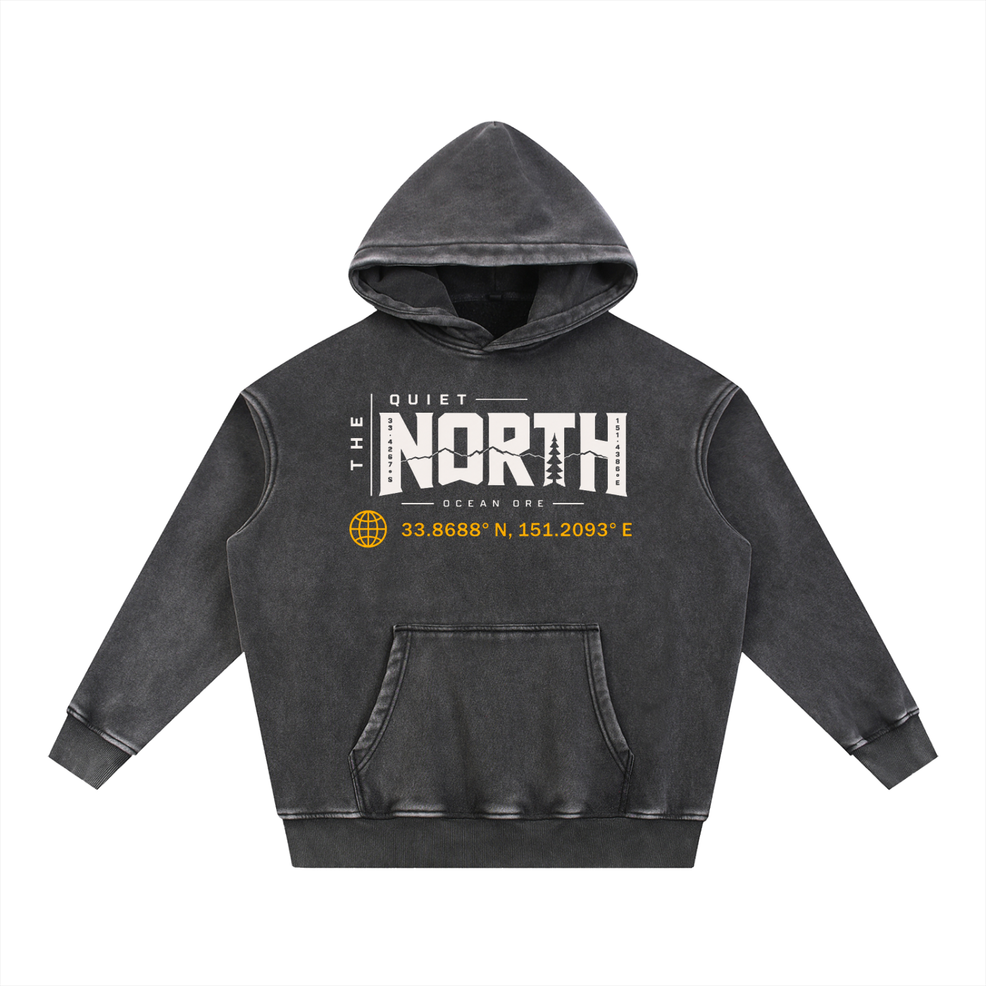 Dark charcoal oversize fleece hoodie, front pocket, hood with logo graphic print