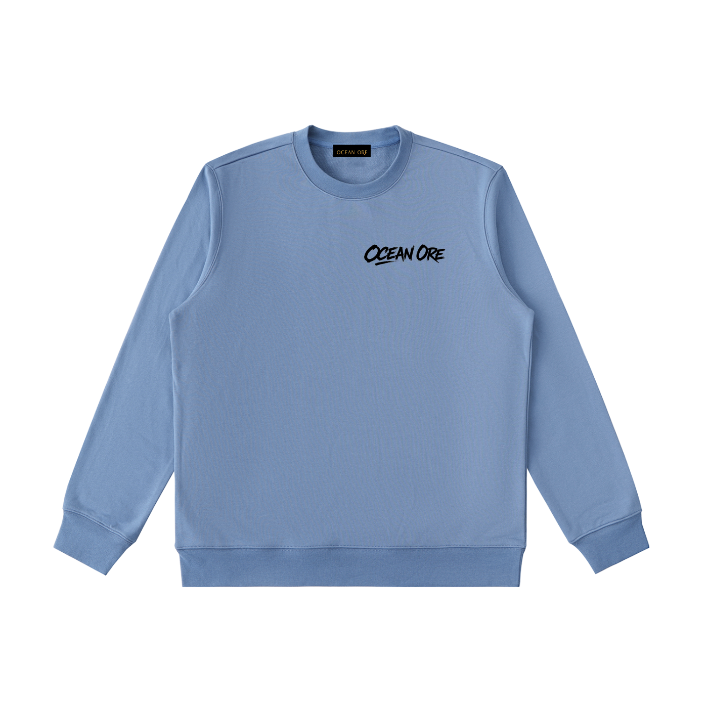 Haze blue crewneck sweatshirt with front “OCEAN ORE” logo print