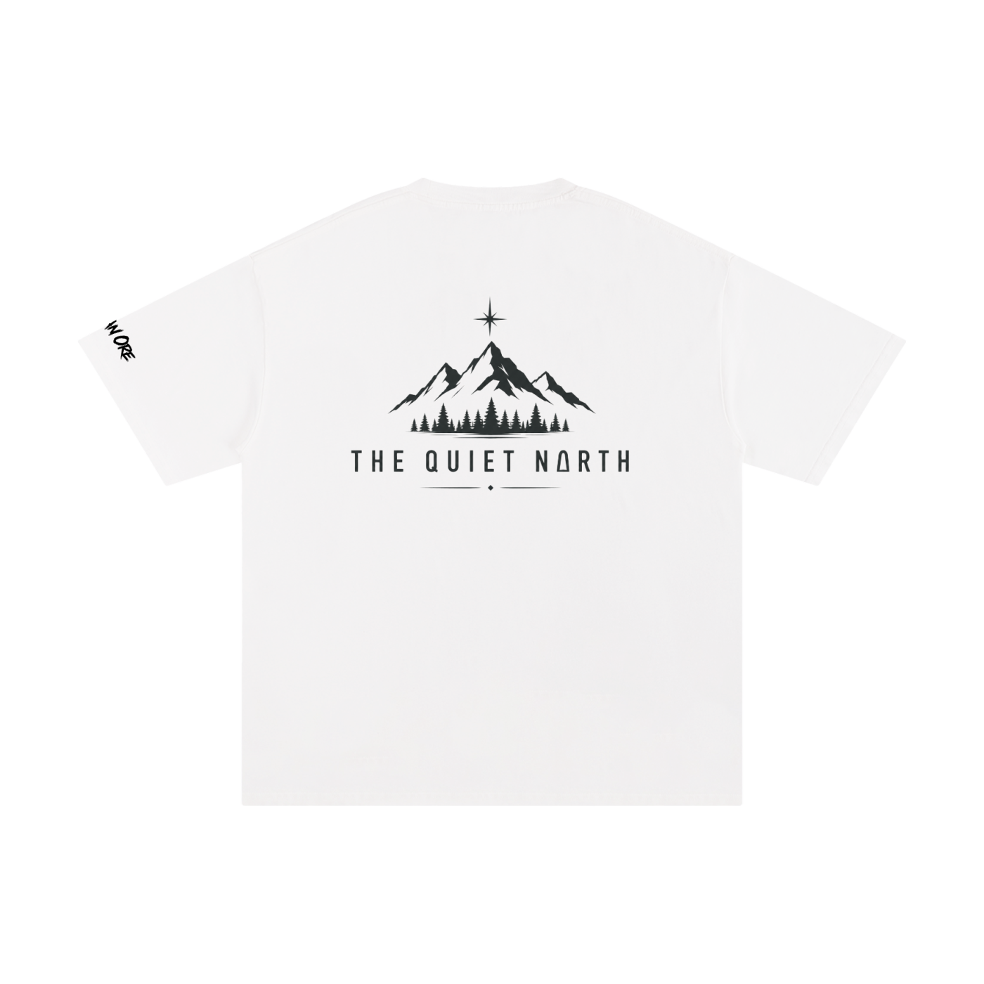 Unisex white pure cotton T-shirt with large center mountain logo and side tag