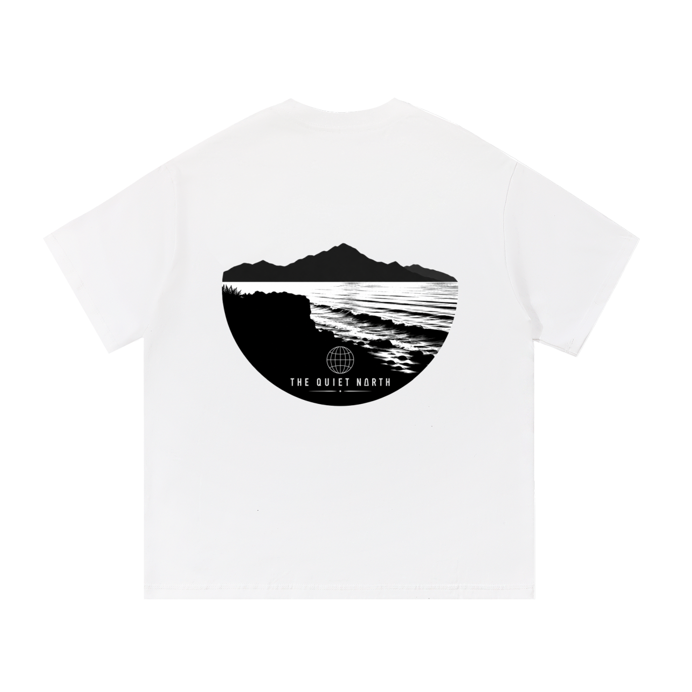 Essential cotton T-shirt, white, crew neck, large half-circle beach graphic.