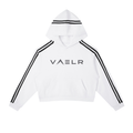 White cropped hoodie with black side stripes, hood, and front kangaroo pocket