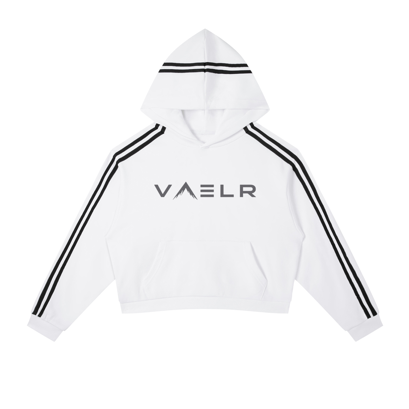 White cropped hoodie with black side stripes, hood, and front kangaroo pocket