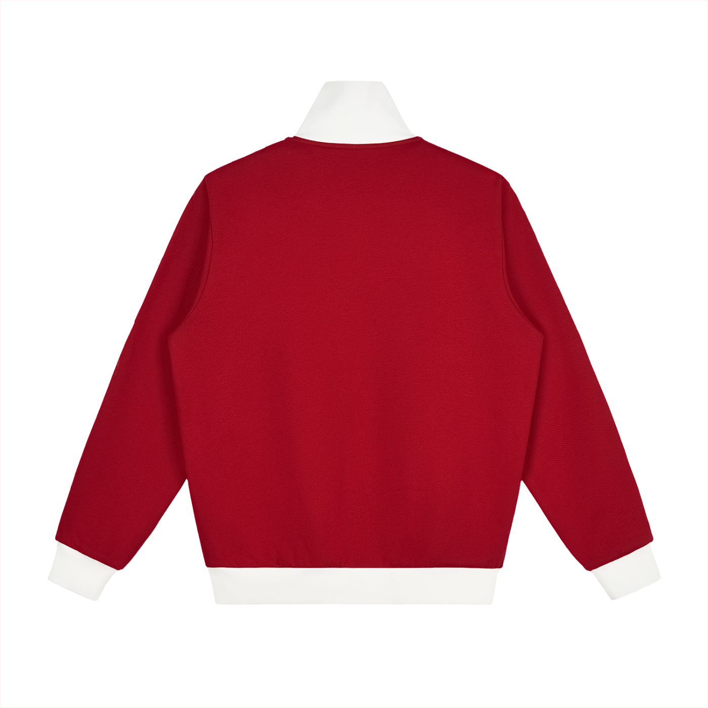 Red fleece track jacket, back view, full-zip, ribbed white hem and cuffs.