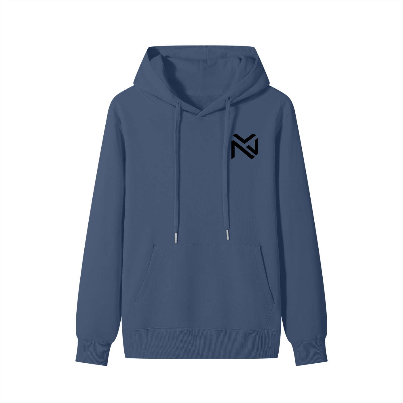 Navy unisex cotton hoodie with drawstring hood and front kangaroo pocket, black emblem.