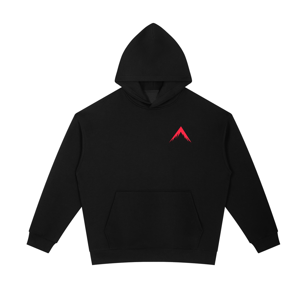 Black heavyweight hoodie with front kangaroo pocket, drawstring hood, red mountain logo