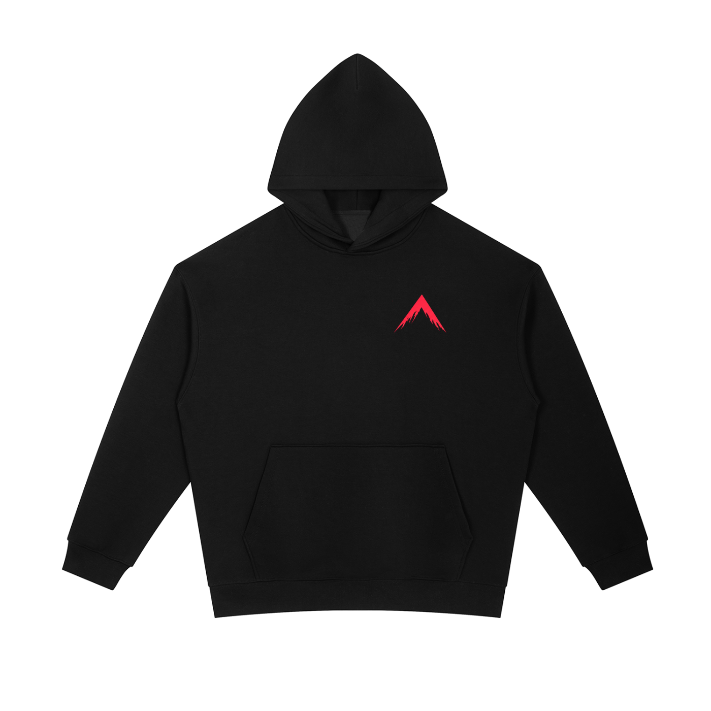 Black heavyweight hoodie with front kangaroo pocket, drawstring hood, red mountain logo