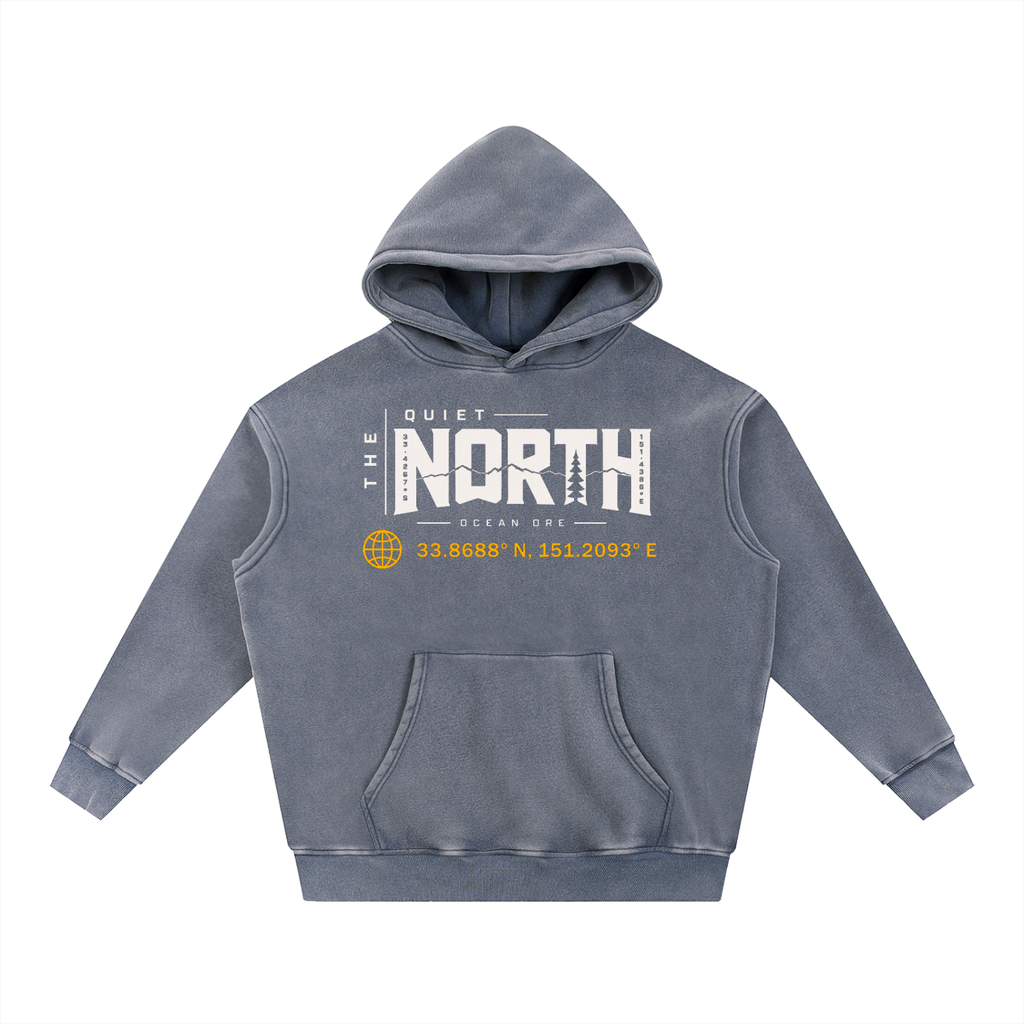 Light blue-gray oversize fleece hoodie, front pocket, hood with logo graphic print