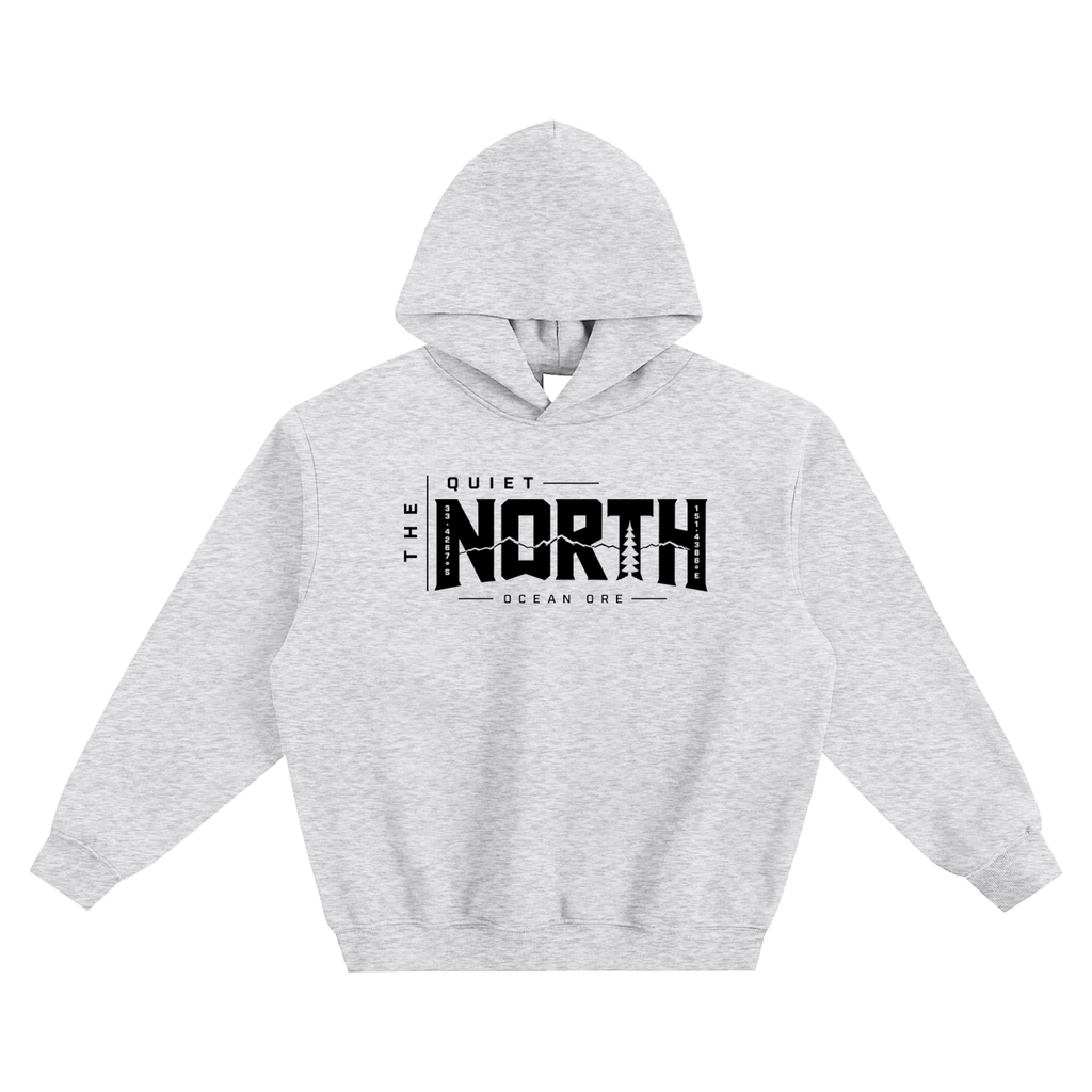 Light gray boxy fleece hoodie with hood and front graphic logo