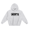 Light gray boxy fleece hoodie with hood and front graphic logo